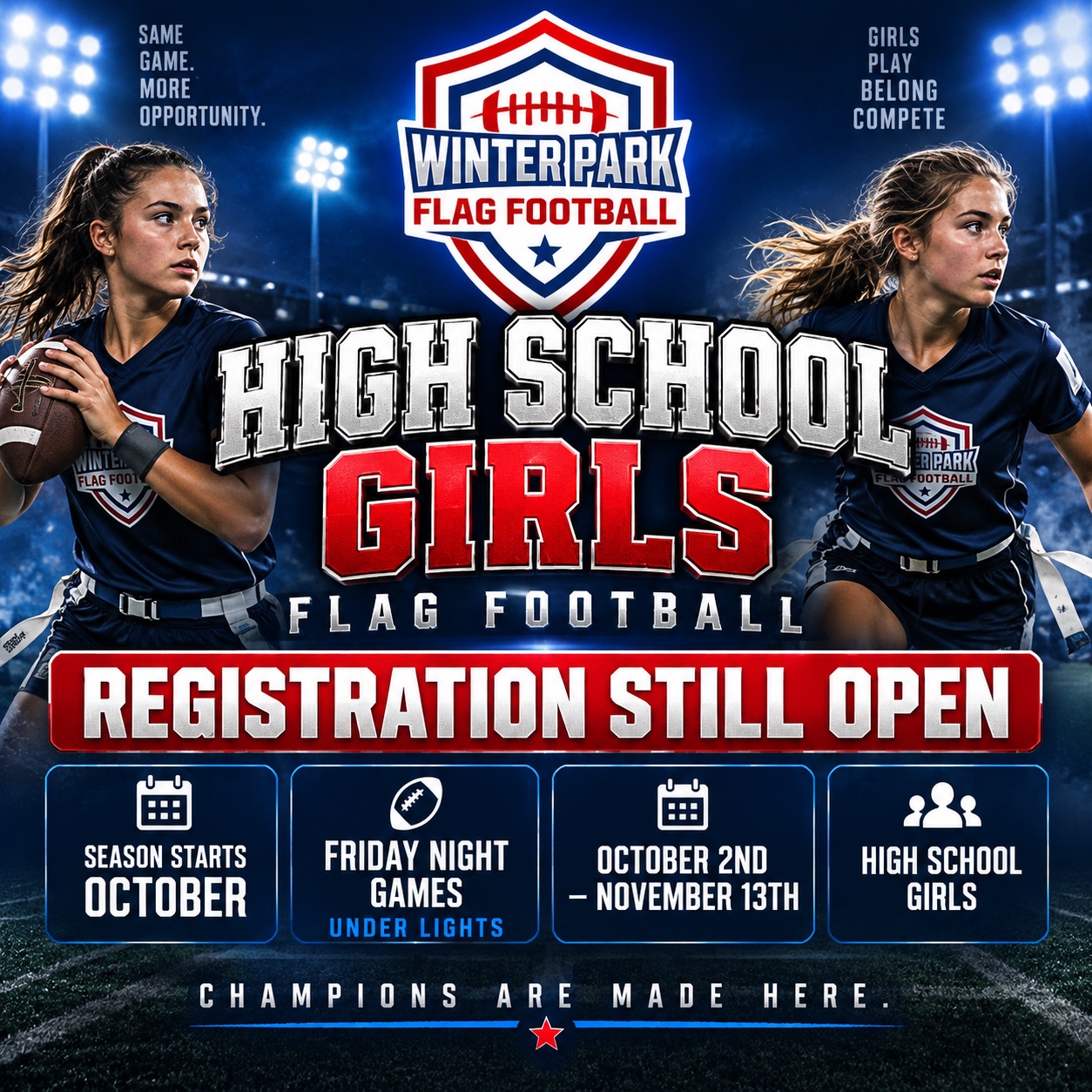 Winter Park High School Girls Flag Football — registration still open. Season starts October, Friday night games under lights, October 2nd through November 13th.