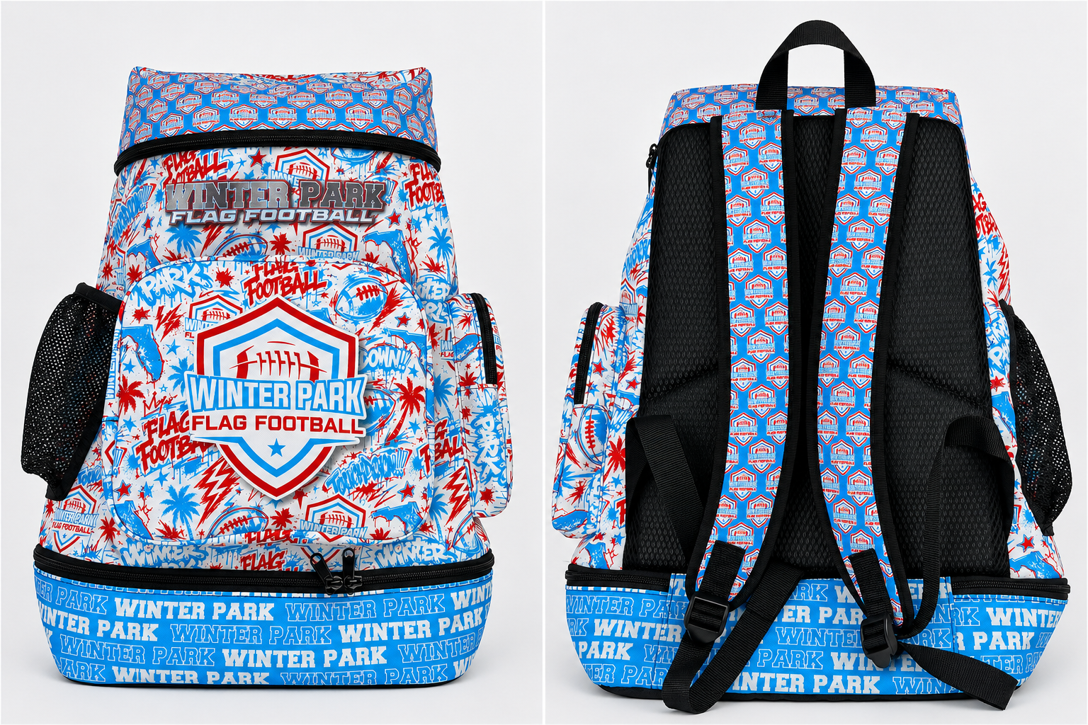 Official Winter Park Flag Football backpack shown from the front and back